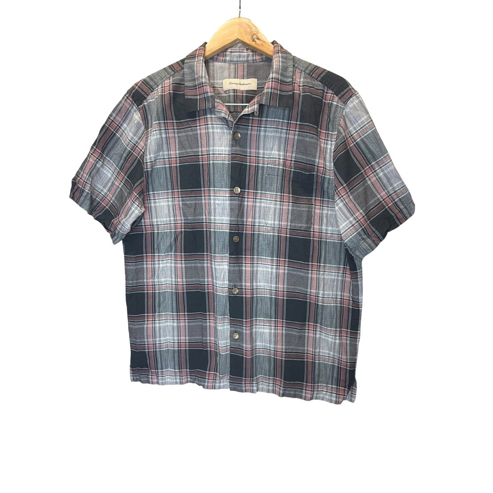 Tommy Bahama Silk Cotton Plaid Short Sleeve Camp Shirt Grey Pink Resortwear L
